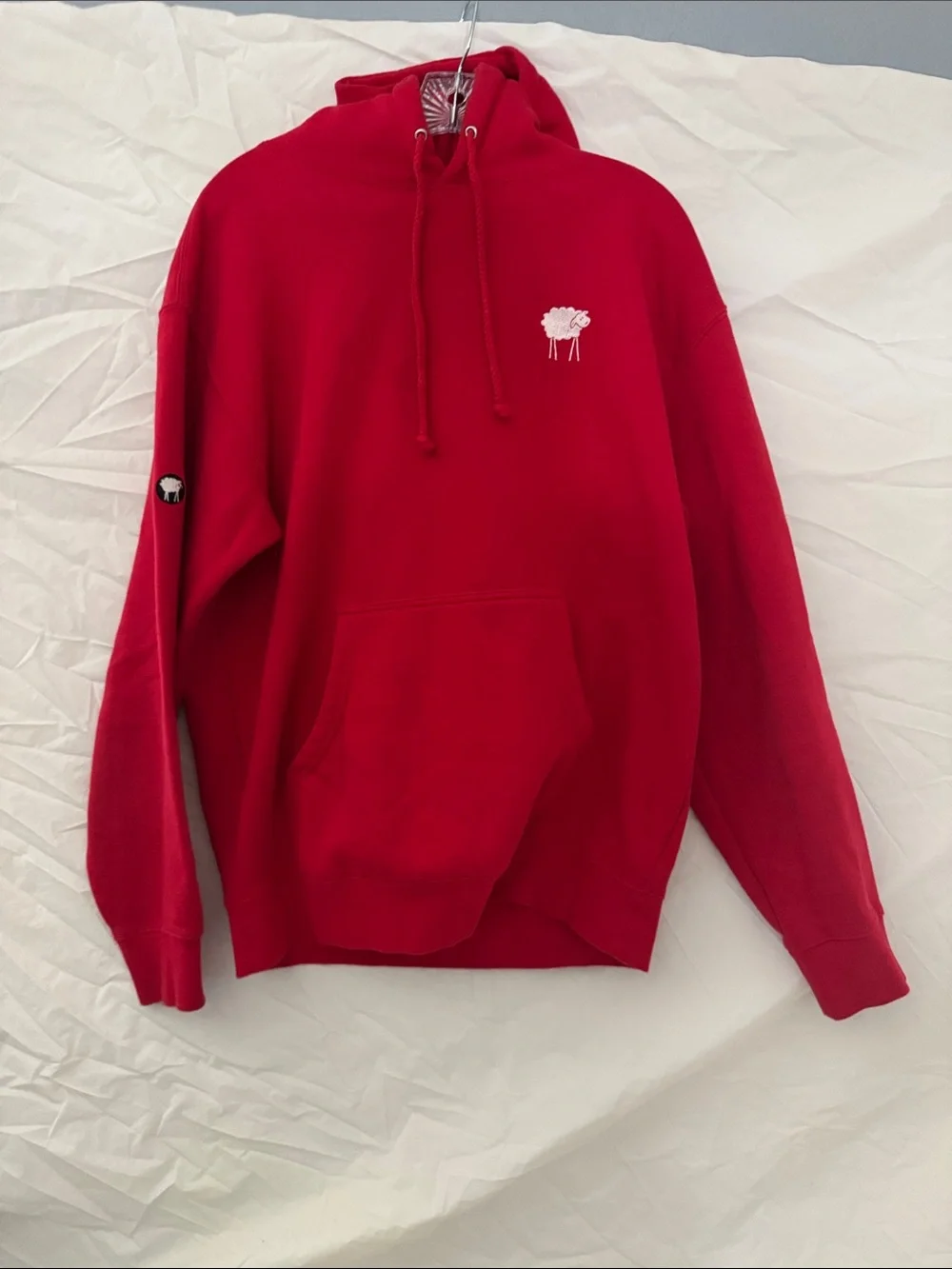 Men's Red Crewneck Hoodie with Small Sheep Motif